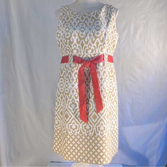 Jessica Howard Gold & Cream Sleeveless Peach Ribbon At Waist Sheath Dress 10 - Picture 1 of 7